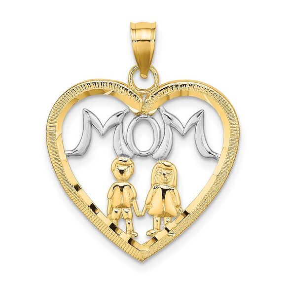 14k Yellow Gold w/ Rhodium MOM Heart with 2 s Charm